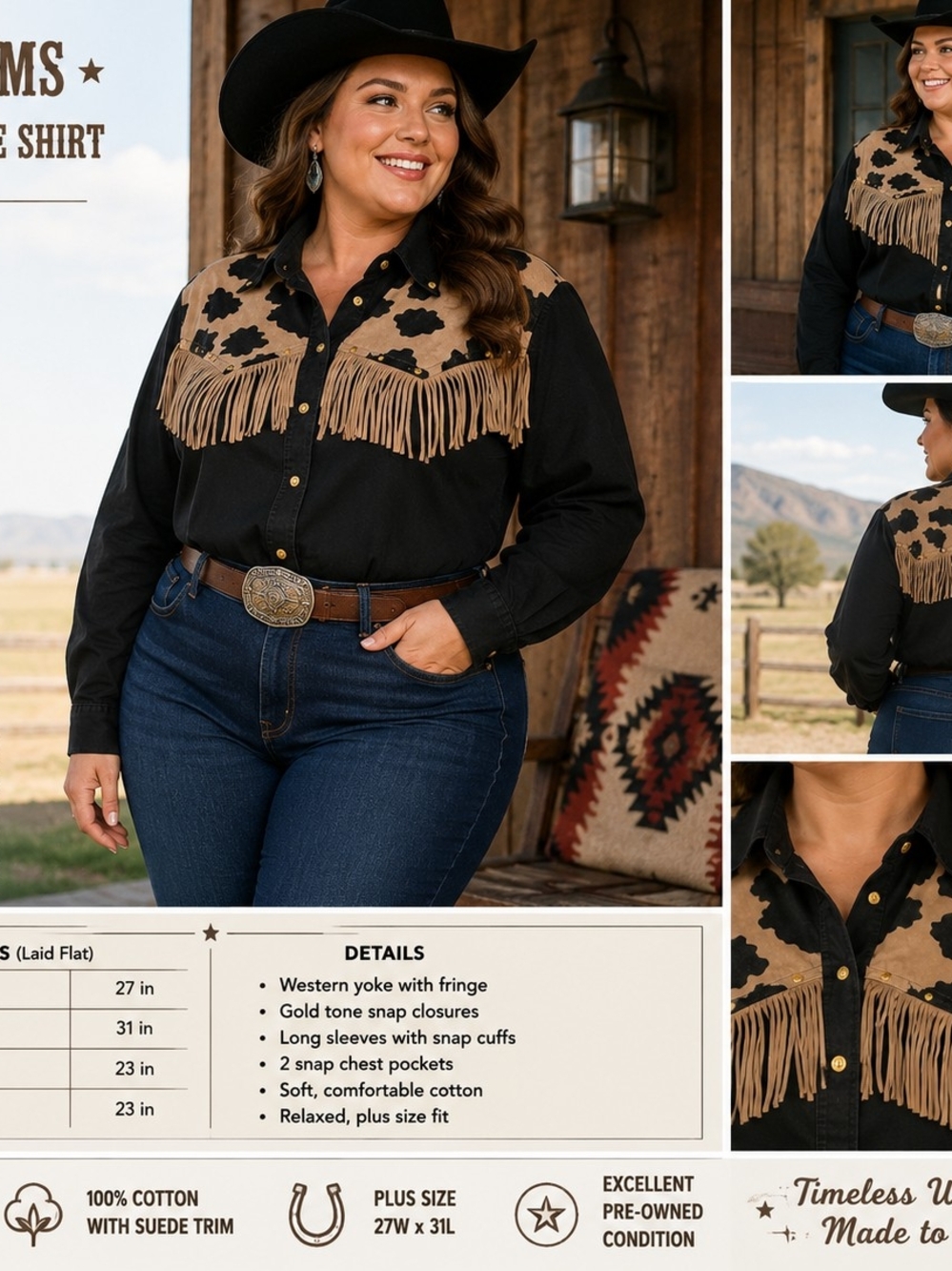 Amy Adams Western Fringe Cow Print Shirt Plus Size 2X Black Rodeo